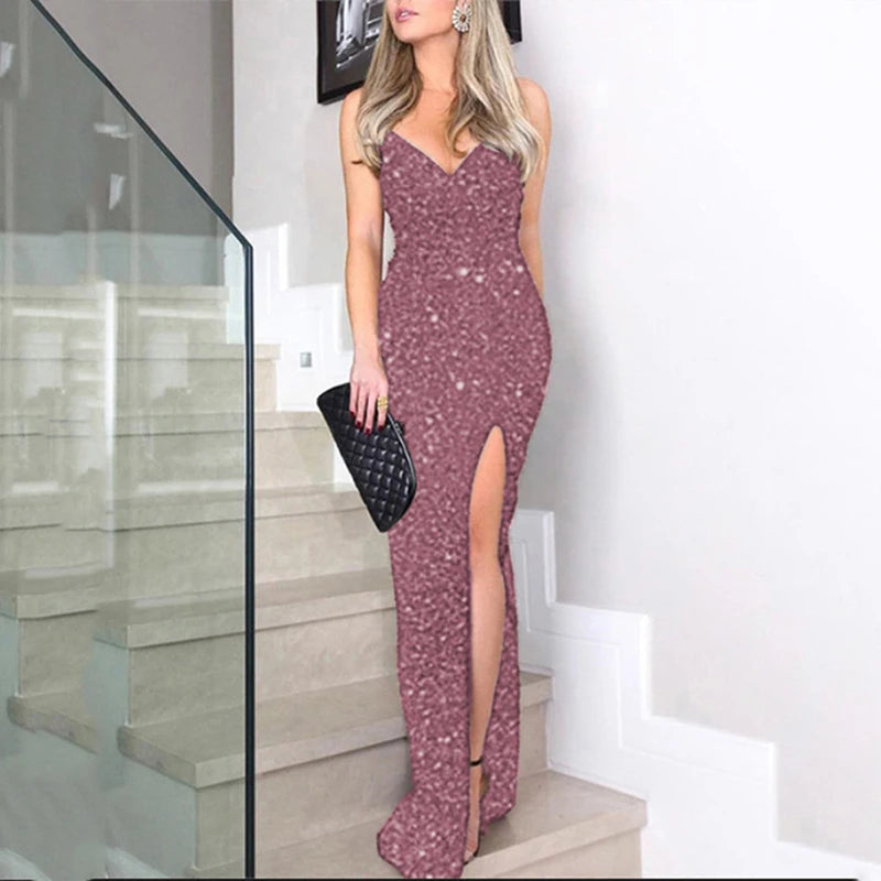 Women Sexy One Shoulder High Split Irregular Dress 2022 New Fashion Shiny Sequin Long Evening Dresses Lady Elegant Party Dress - Seprincess