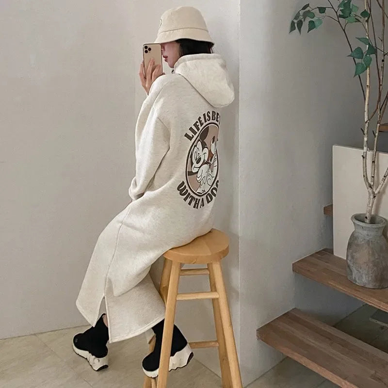 2023 Autumn/winter New Women's Fleece-lined Thickened Sweatshirt Hooded Dress Loose-fit Long Over-knee Korean Style - Seprincess