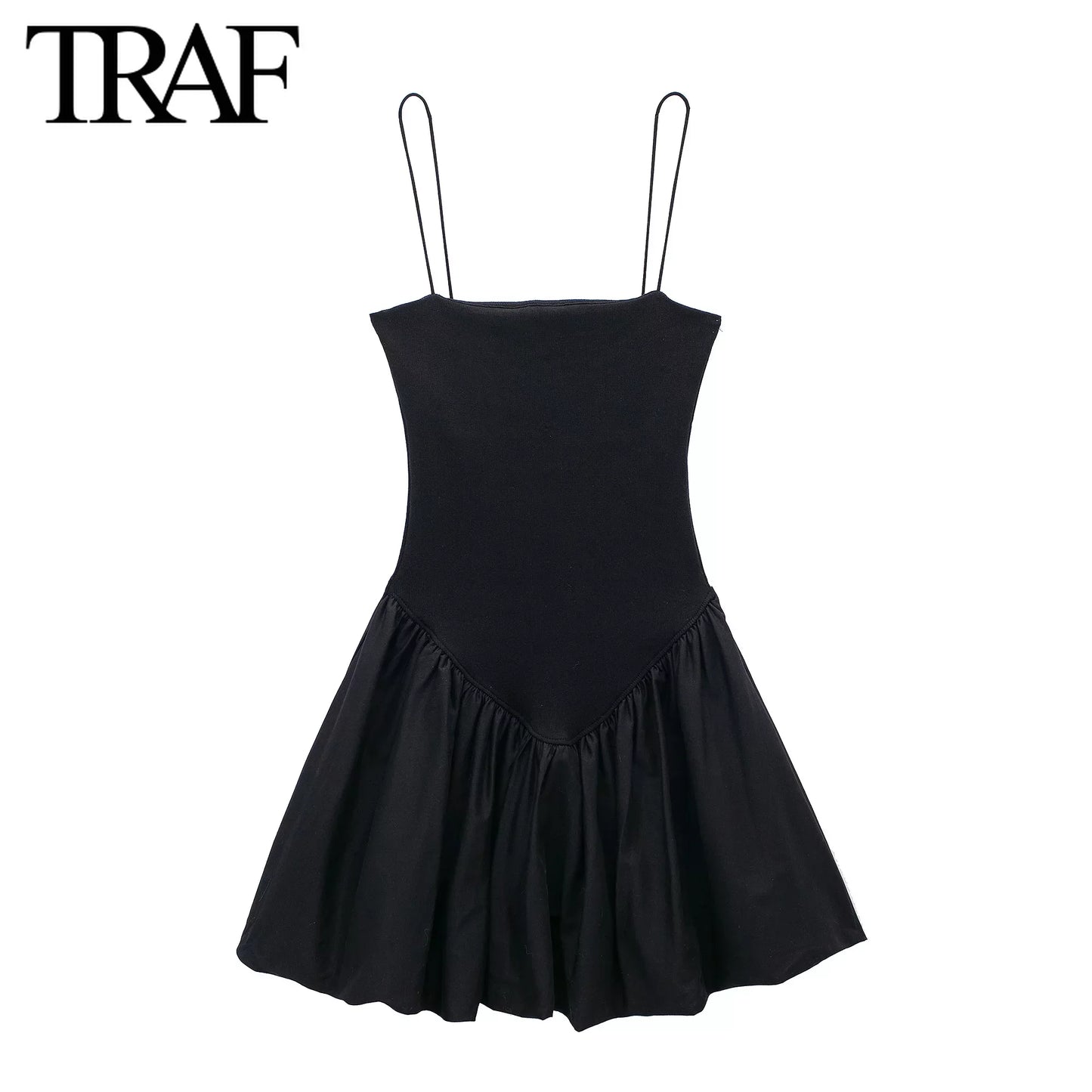 TRAF Women Fashion Summer Sexy Sling Backless Puffy Poplin Rib Stitching Dress Chic Female French Elegant Evening Mujer - Seprincess