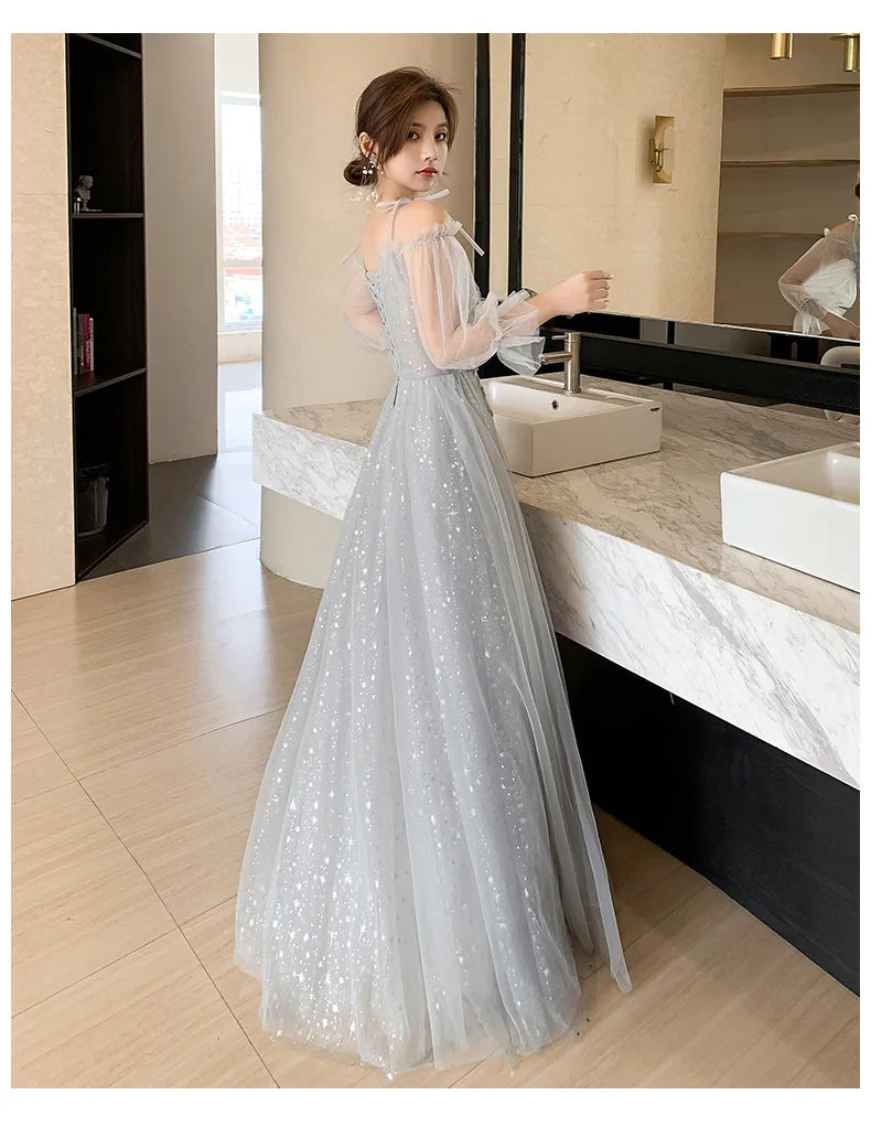 Grey Bridesmaid Dresses Elegant Women Applique Off The Shoulder Floor Length Tulle Wedding Party Dress Formal Prom Gowns