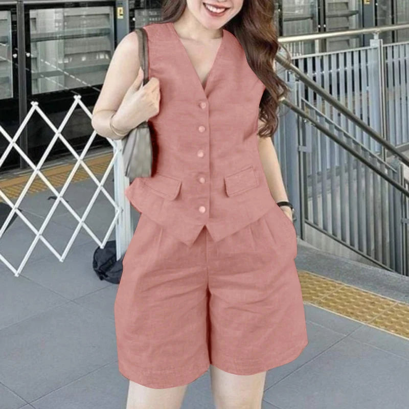 ZANZEA Summer Sleeveless Vest Tops Short Suits 2PCS Elegant Women OL Work Tracksuits Fashion Office Lady Pant Sets Woman Outfits - Seprincess