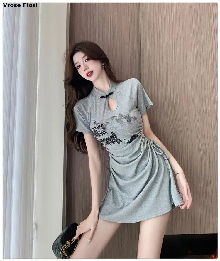 New 2024 Retro Daily Leisure Qipao Dress Chinese Style Printing Improved Cheongsam Fashionable Wrinkled Waist Design Thin Dress - Seprincess