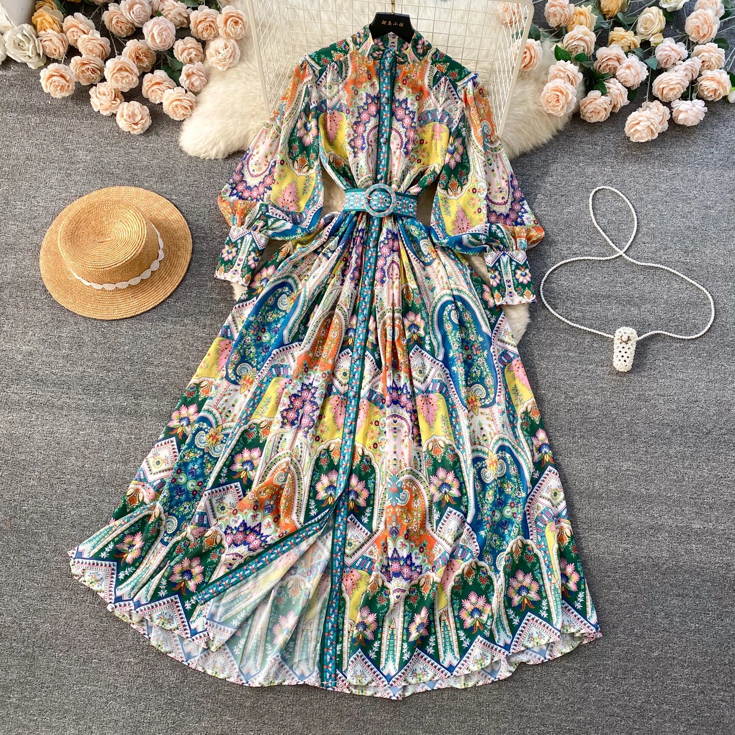 Spring Summer Holiday Gorgeous Flower Chiffon Dresses Women's Stand Long Lantern Sleeve Belt Floral Print Loose Robe Vestidos - Seprincess