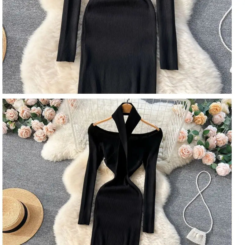 Autumn Winter Women Long Dress Elegant Halter Slim Waist Knitted Bodycon Dress Korean Office Lady Sweater Dresses Vestidos - Seprincess