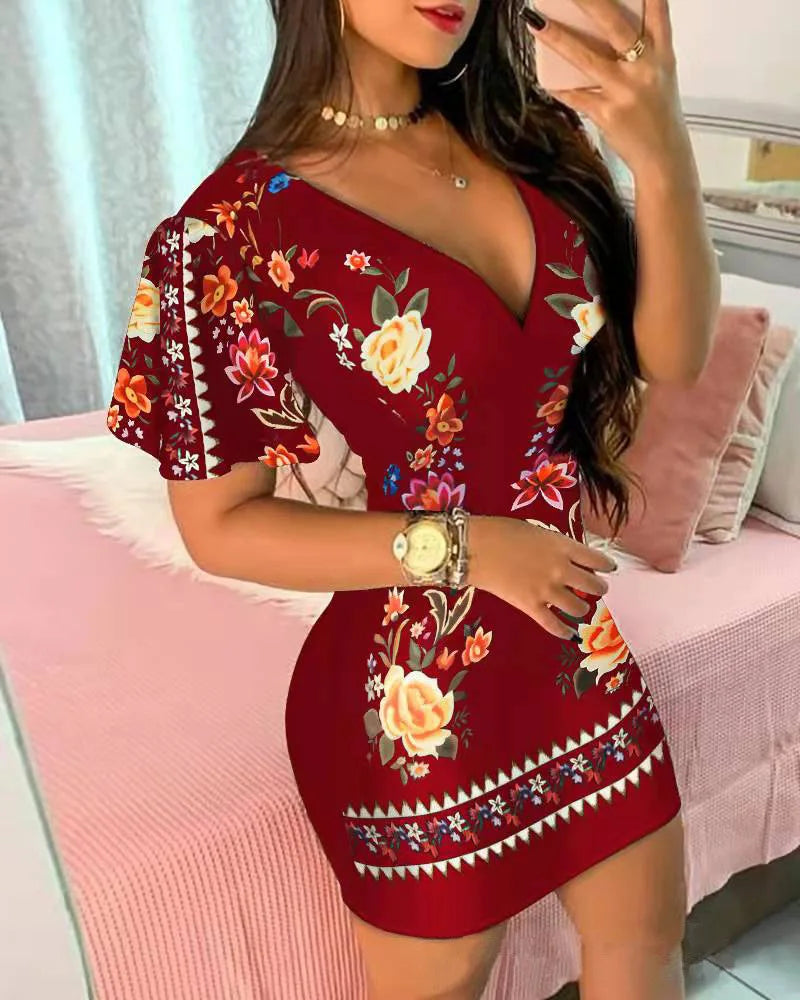 Summer Elegant Floral Print Bodycon Mini Dress Women 2024 Fashion Sexy Deep V-neck Package Hip Dresess Office Lady Party Dress - Seprincess