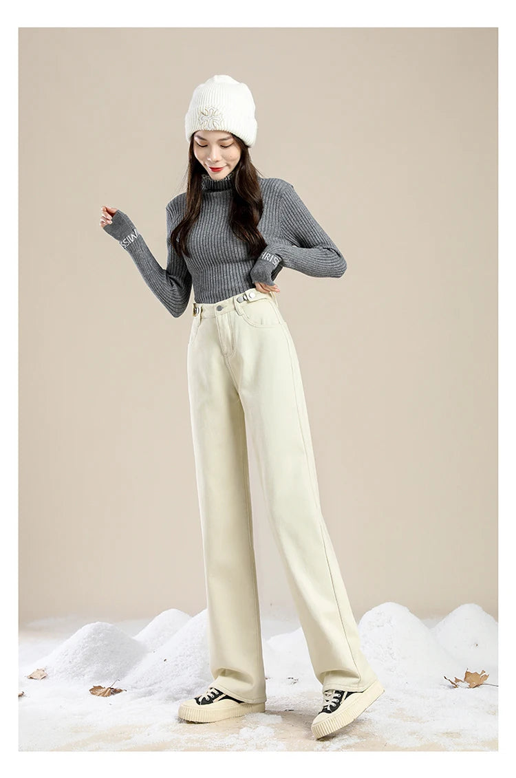 Women Pants 2023 Winter Fashion Korean Edition New Style Versatile High Waist Straight Cylinder Thick Fleece Wide Leg Jeans