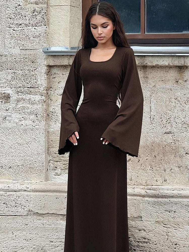 Dulzura Solid Ribbed Trumpet Sleeves Maxi Dress Back Lace-Up Straps Elegant Casual 2023 Autumn Winter For Women Birthday