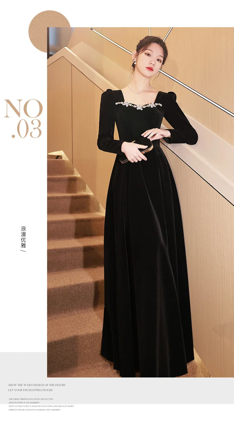 Autumn Winter Black Evening Dress Women Elegant  Luxury Velvet Long Sleeve A-line Party Dresses French Beadding Prom Gown - Seprincess