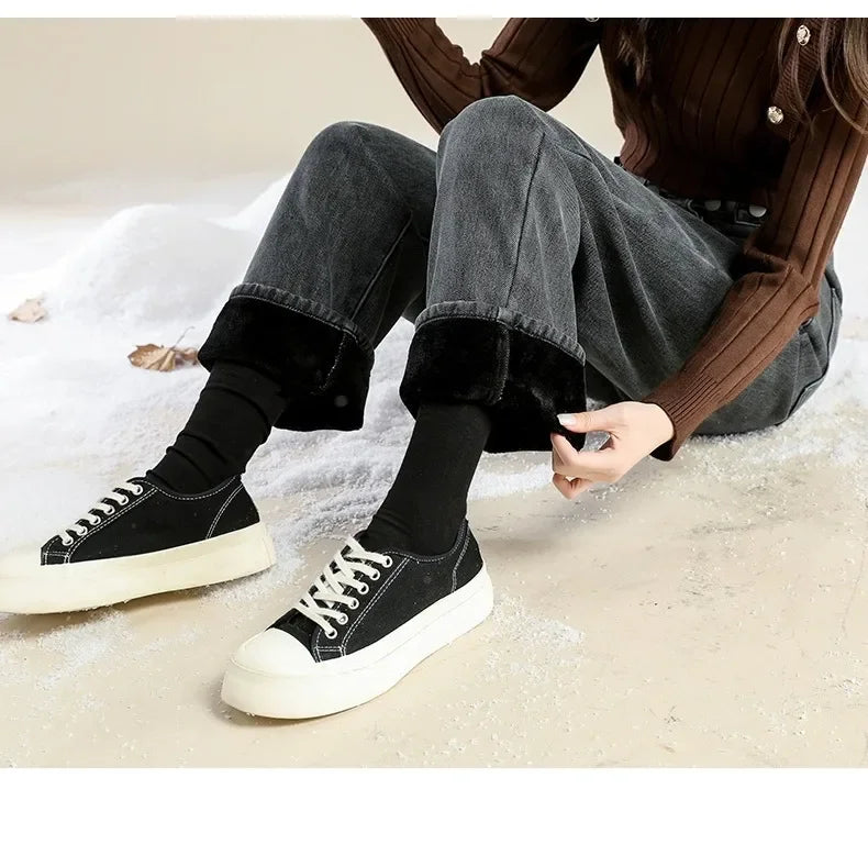 Autumn/winter Deep Color Wide-leg Fleece-lined Warm Jeans Women's Outerwear Slimming Loose-fit Straight-leg Model Pants