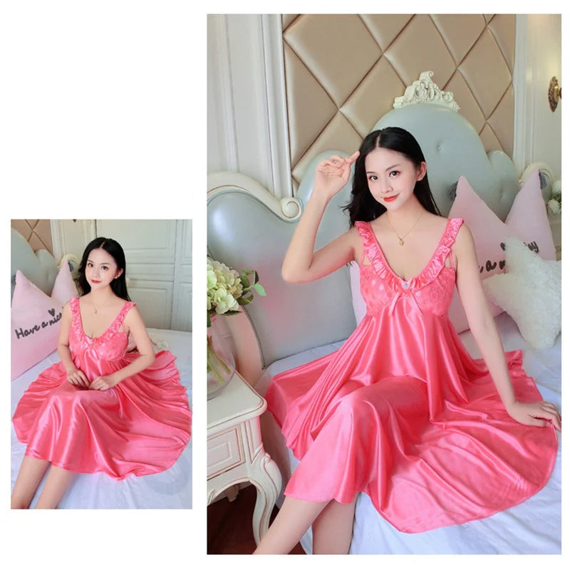 Thin Silk Lady Charming Sleepwear Night Dress Women Sexy Soft Lingerie Spaghetti Strap Home Wear Honeymoon Bride Wedding Nighty - Seprincess