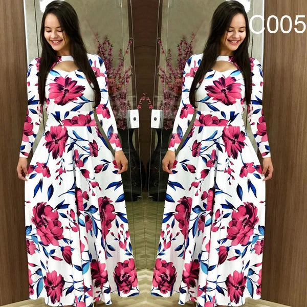 Spring /Autumn Fashion Flower Long Sleeved O-Neck Hollow Slim Fit Dress Women Elegant Long Vestido Maxi Clothes Robe Sexy Femme - Seprincess