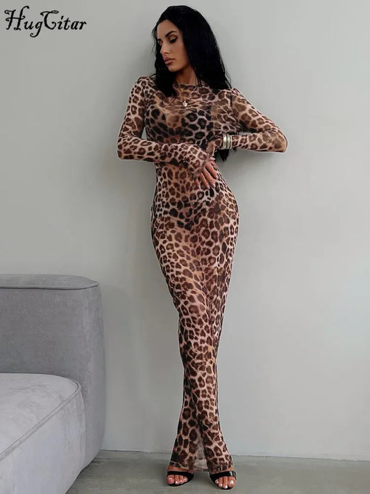 Hugcitar 2024 Leopard Print Mesh Long Sleeve Sexy Slim  See Through Maxi Dress Summer Women Fashion Outfits Beach Vacation Club - Seprincess