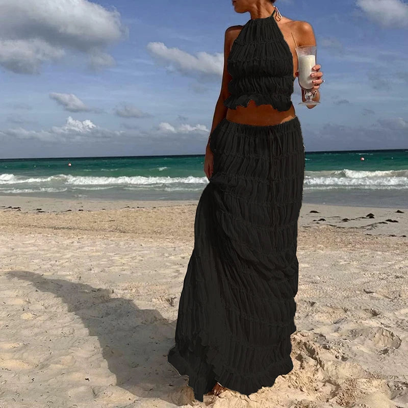 Women Boho Sexy Backless Matching Suit 2 Piece Beach Holiday Outfits Vintage Ruched Halter Cami Tops + Maxi Long Skirt Party - Seprincess