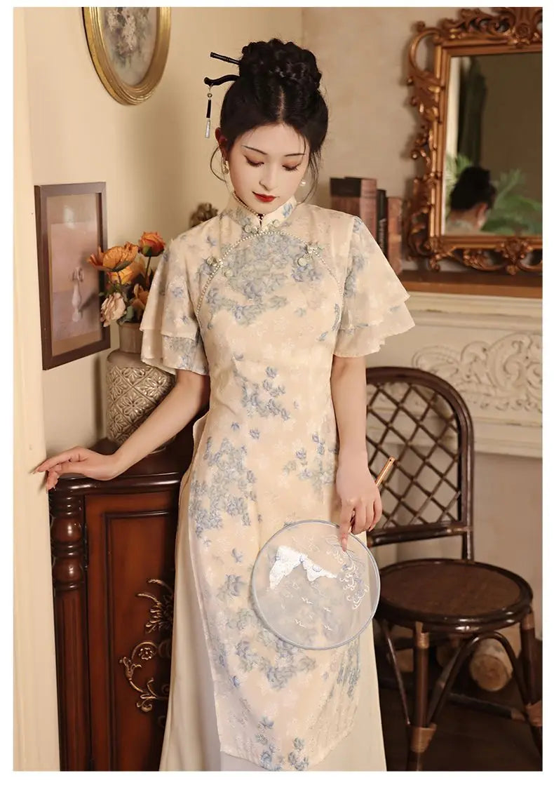 Improved Qipao 2024 New Summer Modern Chinese Style Blue Jacquard Short Sleeve Cheongsam For Women Youth Girls Long Party Dress - Seprincess