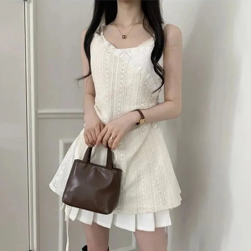 Summer Dress Women Chic French Lace Stitching Sling Shirt Stacked Gauze Knitted Dress Overskirt Inner Wear Base Short Dress - Seprincess