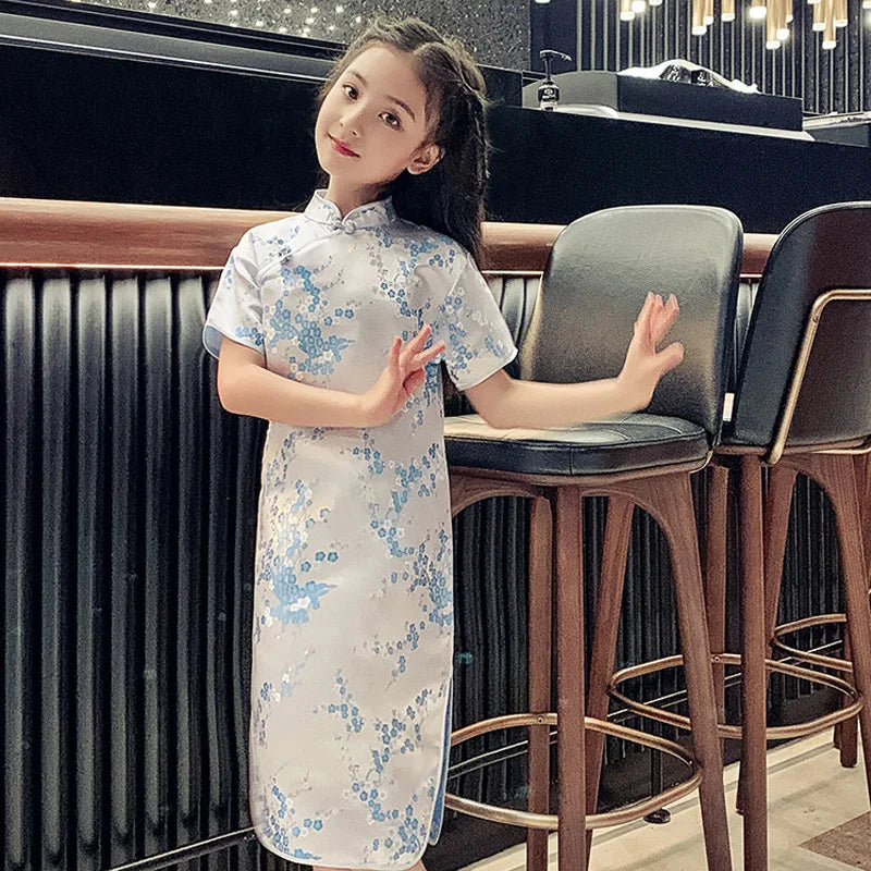 Classical Chinese Style Qipao Children Cheongsam Silk Brocade Princess Dress Baby Girl Print Cheongsams Handmade Button Clothing - Seprincess