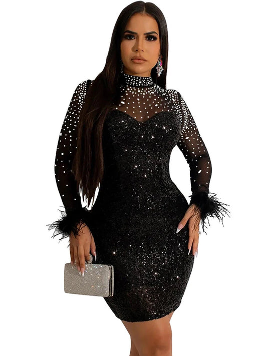 Sexy Mesh Rhinestone Sequin Feather Prom Mini Dresses See Through Night Club Outfits Party Sexy Clubwear Diamond Short Dress - Seprincess