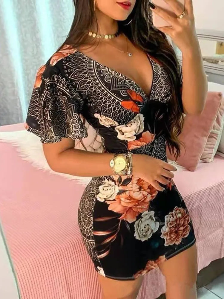 Summer Elegant Floral Print Bodycon Mini Dress Women 2024 Fashion Sexy Deep V-neck Package Hip Dresess Office Lady Party Dress - Seprincess