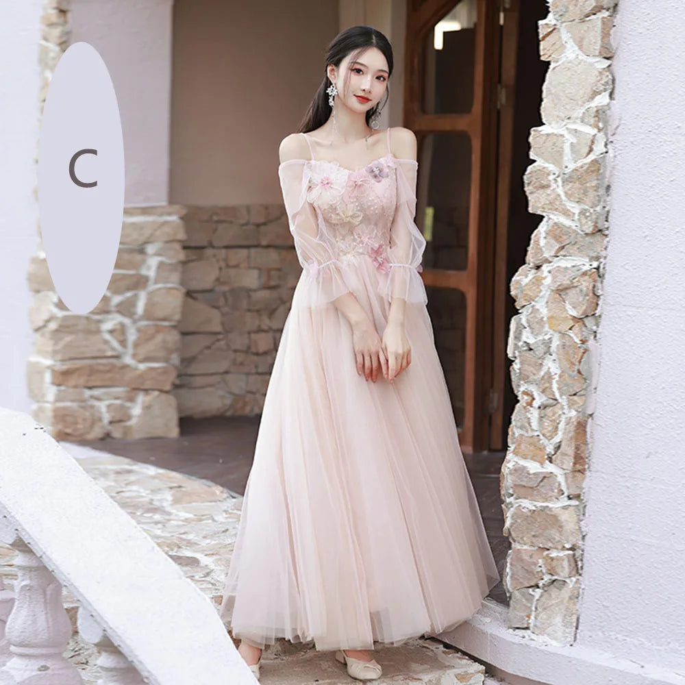 4 Styles Pink Bridesmaid Dress Women's Elegant Thin Tulle Off The Shoulder Flower Appliques A-line Wedding Party Guest Vestido - Seprincess