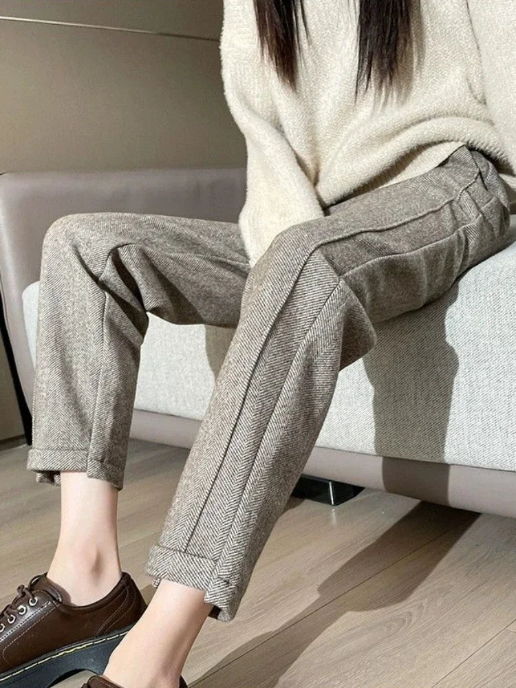 Winter Woolen Pants for Women Thicken Warm Ankle-Length Harem Pants Office Lady Khaki Elastic Waist Fashion Women's Trousers