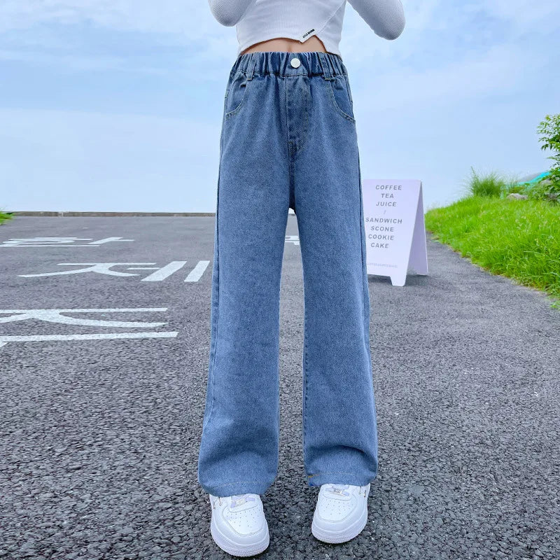 Spring Autumn Teenager Girls Denim Pants Children Trousers New Fashion Solid Color Girls Wide Leg Jeans 4-14 Years Kids Clothes