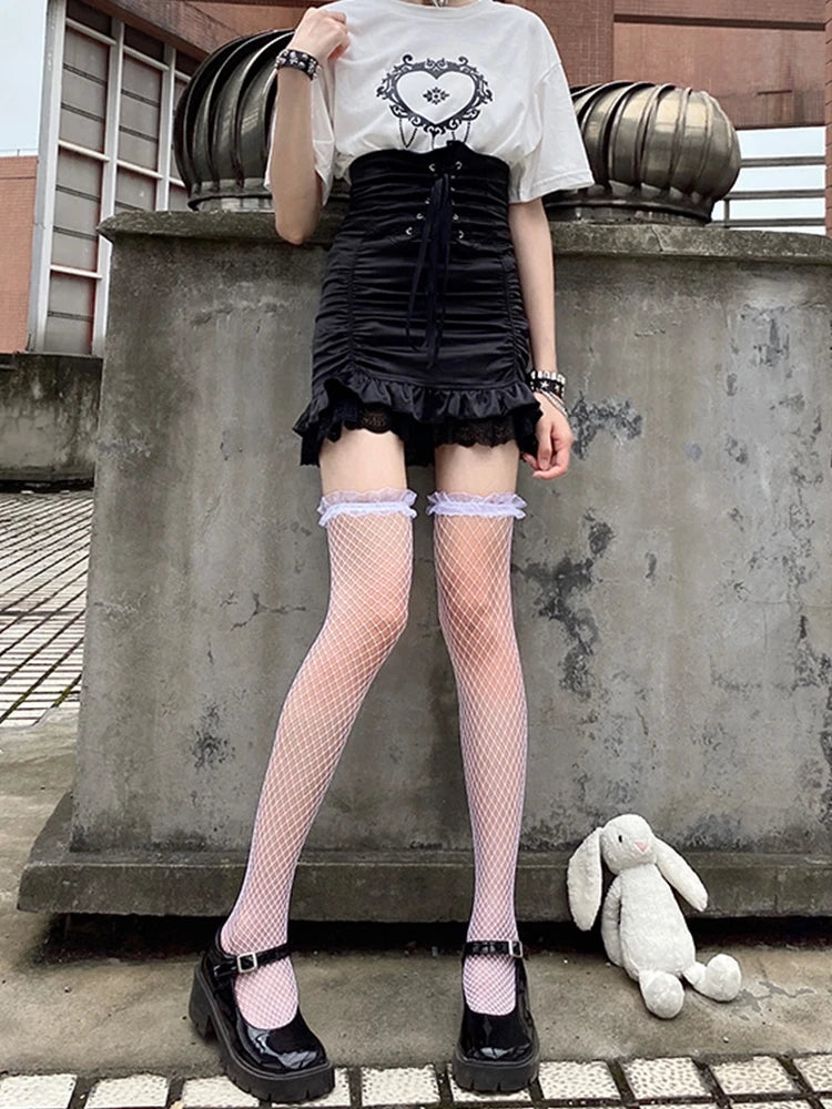 Black White Sexy Overknee Long Socks Women Sweet Girls Lolita Bowknot Thigh High Fishnet Stockings Gothic Punk Lace Mesh Legging