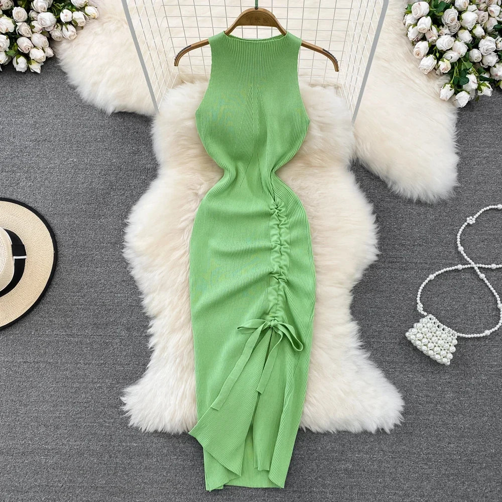 Summer Green Black Knitted Robe Femme Summer O Neck Sleeveless Kink Hollow Out Sexy Slim Bodycon Dress Split Fork Long Vestidos - Seprincess