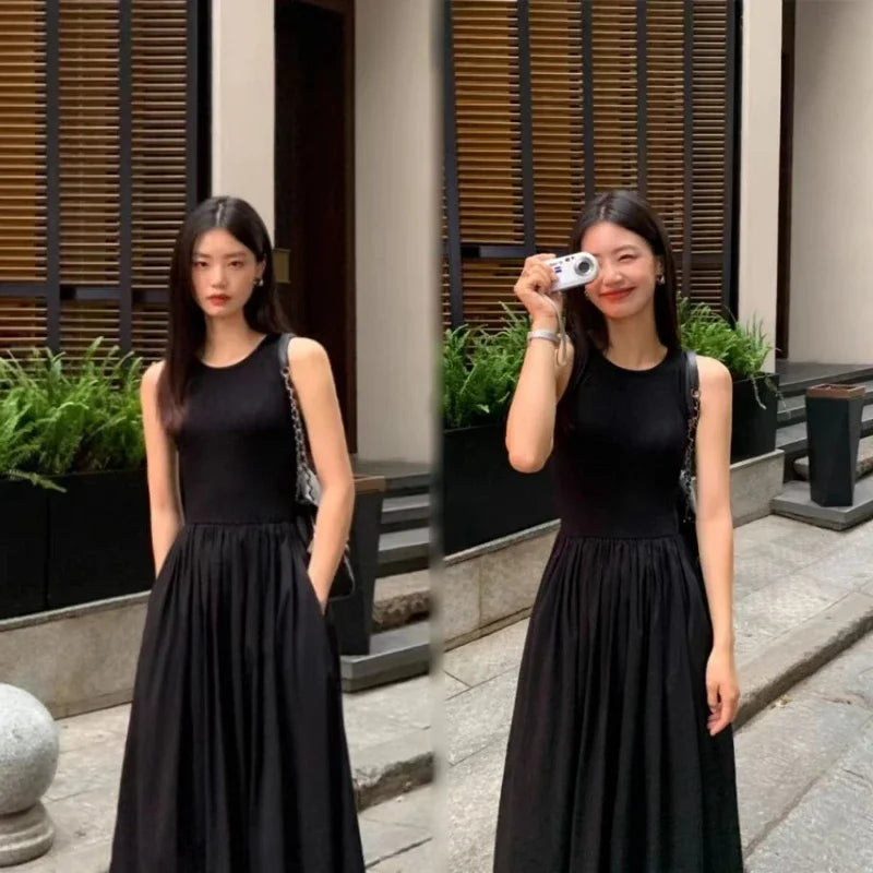 TKNOLEGE New Summer Casual Korean Sleeveless Dresses  Solid Color O-neck Women High Waist Temperament Female Long  Dress - Seprincess