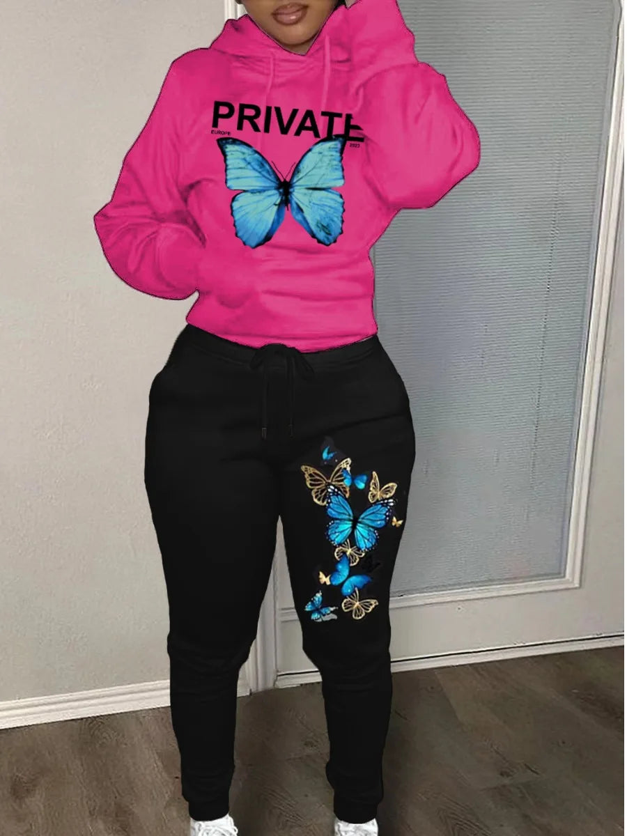 Plus Size Autumn & Winter Letter Print Color Block Hooded Sweatshirt Set Daily Casual Long Sleeve Female Tracksuit Set - Seprincess