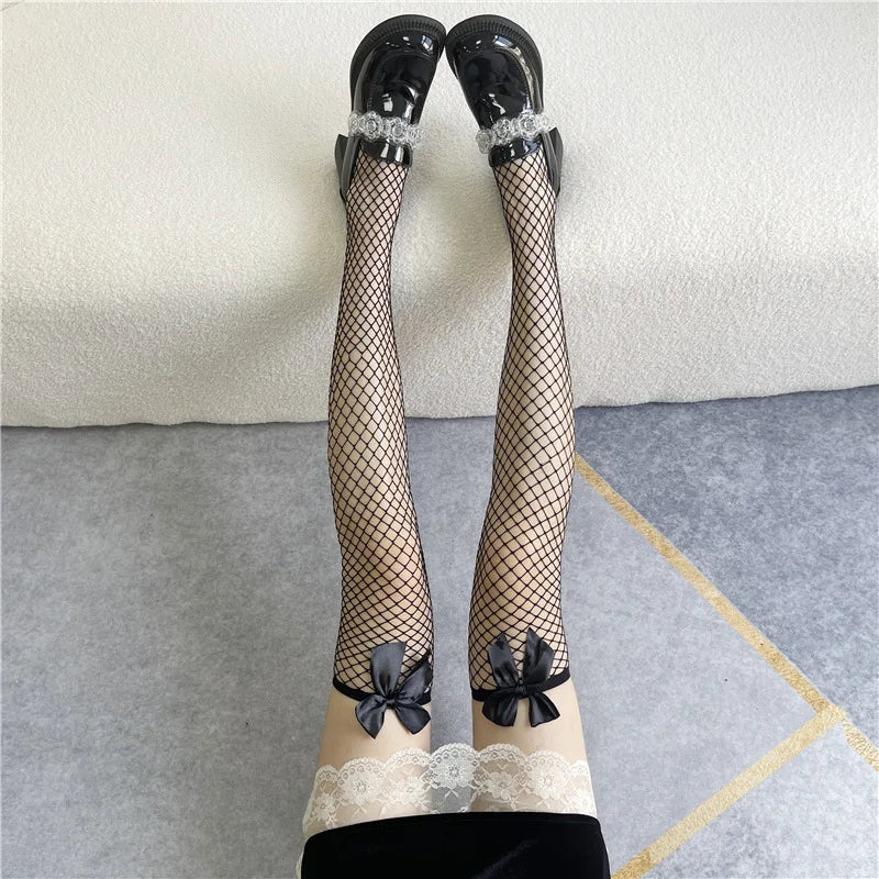 White Silk Bow Stockings Women's Japanese JK Over-the-knee Stockings Sexy Lace High Thigh Fishnet Socks Long Lolita Socks