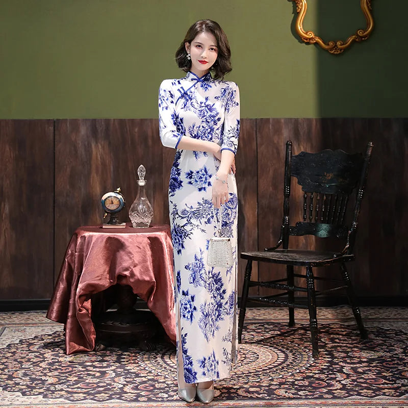 Blue White Porcelain Qipao Elegant Female Cheongsams Sexy Split Chinese Style Dress Summer Satin Vestidos Plus Size 4Xl 5Xl - Seprincess