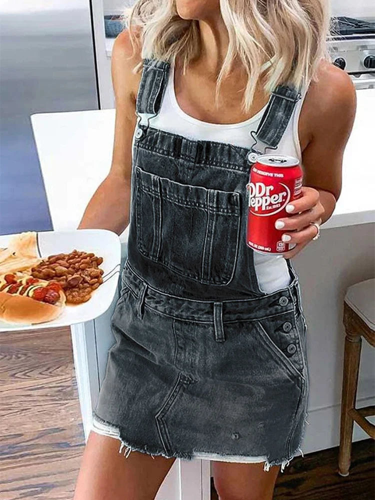 Women's Frayed Hem Adjustable Strap Denim Overall Dress Classic Casual Mini Jean Dresses Pocket Sleeveless Suspender Short Skirt - Seprincess