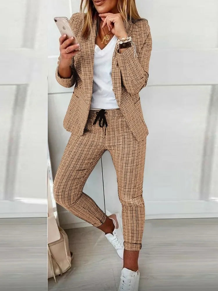 New Autumn Winter Plaid Printing Two Piece Sets Women Casual Notched Collar Blazer & Pants Set Outfits Fashion Elegant Suit Sets - Seprincess