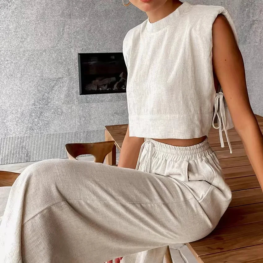 Fashion 2 Piece Sets Women Outfits Shoulder Pad Sleeveless Top & Pants Sets Casual Cotton and Linen Women's Suit 2024 Summer - Seprincess