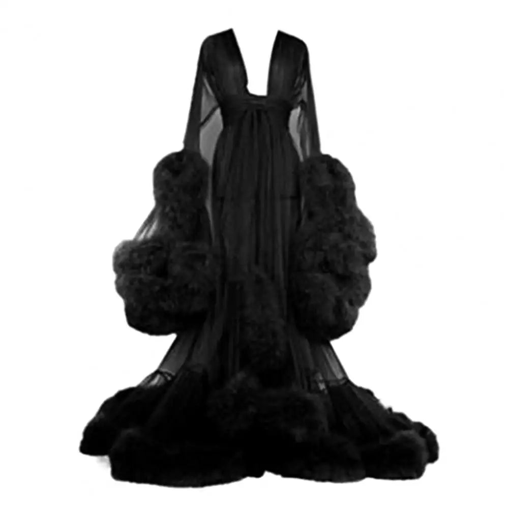 Bathrobe for Women Flare Sleeves Feather Bridal Robe Nightgown Silk Illusion Long Wedding Scarf Dressing Gown Photography Dress - Seprincess