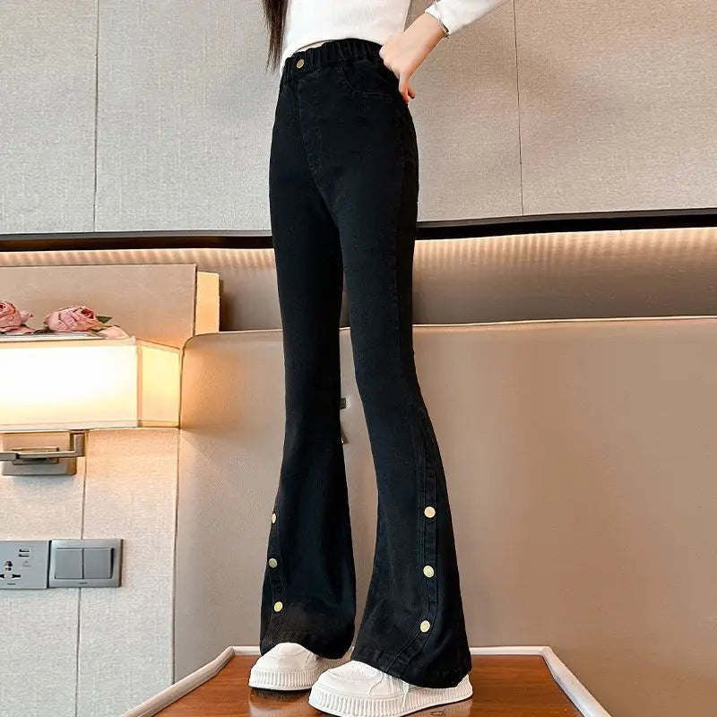 Fashion Jeans for Girls New Arrvial Kids Black Vintage Tight Denim Flare Pants Spring Autumn Teenage Children's Slim Trousers