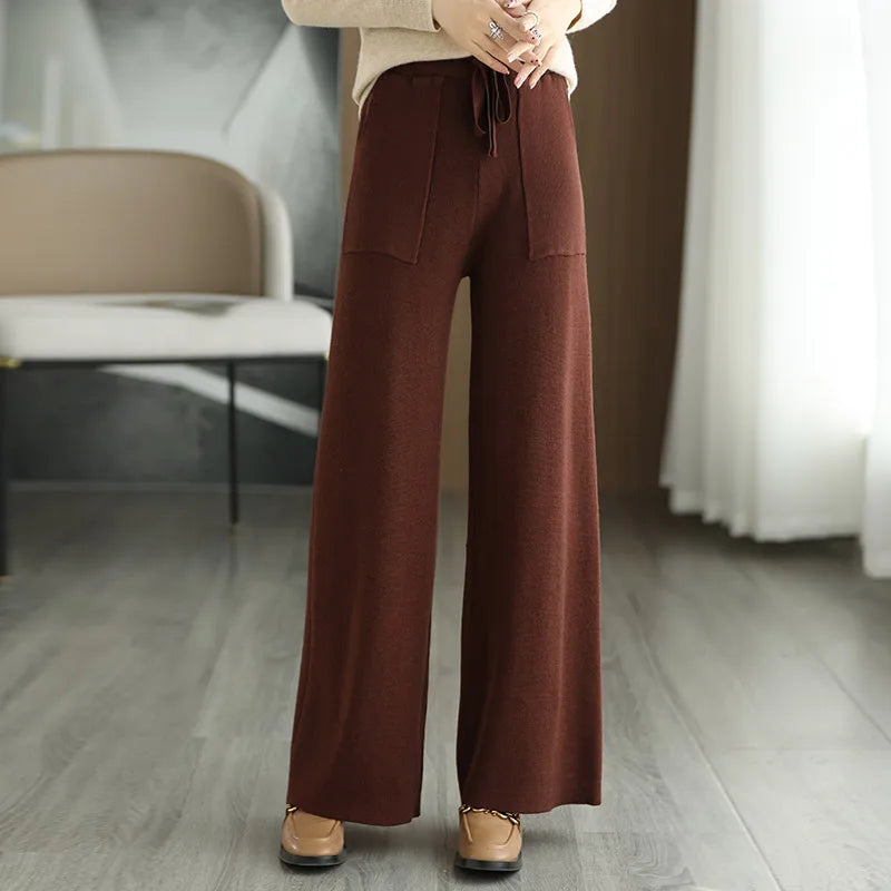 Women's Merino Wool Knitted Pants Office Lady Simple High Waist Straights Trousers Cashmere Wool Autumn Winter Thick Knitwear