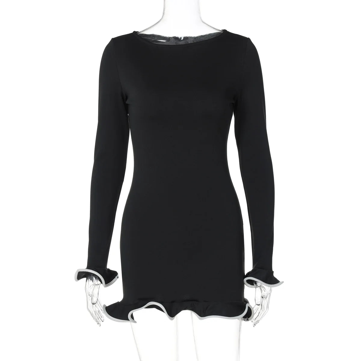 Sexy Elegant Ruffle Mini Dress Black White Pink Round Neck Long Sleeve Short Bodycon Dress Women Autumn Chic 2024 Luxury - Seprincess