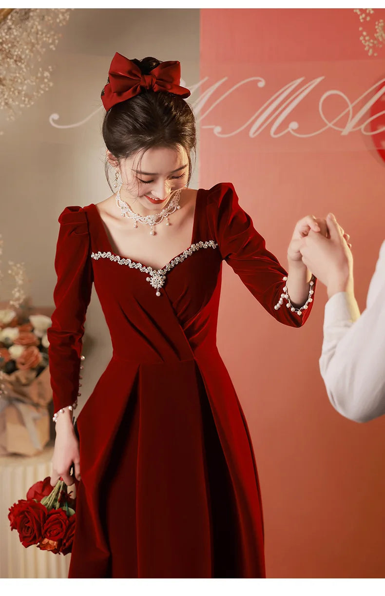 Burgundy Velvet Prom Dresses Square Collar Long Sleeve Pearl Crystal Long Engagement Dress Plus Size Female Formale Gowns - Seprincess