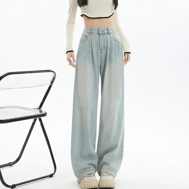 2024 Woman High Waist Vintage Baggy Jeans Lady Streetwear Wide Leg Pants Female Fashion Gray Blue Grey Light Blue Denim Trousers