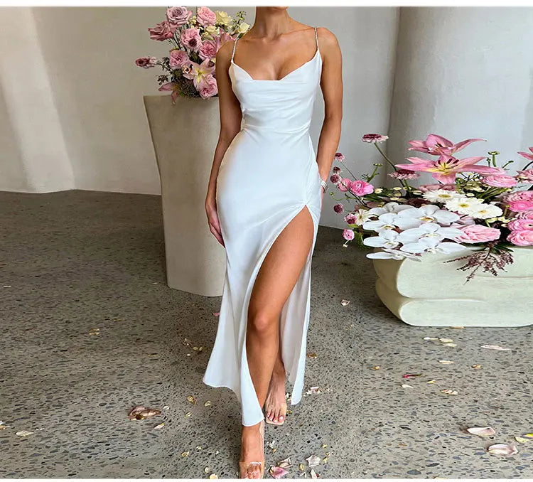 Summer Sexy Backless Dress Women's Solid Color Slim Lace Up Long Dresses Fashion Elegant Formal Dress Split Party Camisole Dress - Seprincess