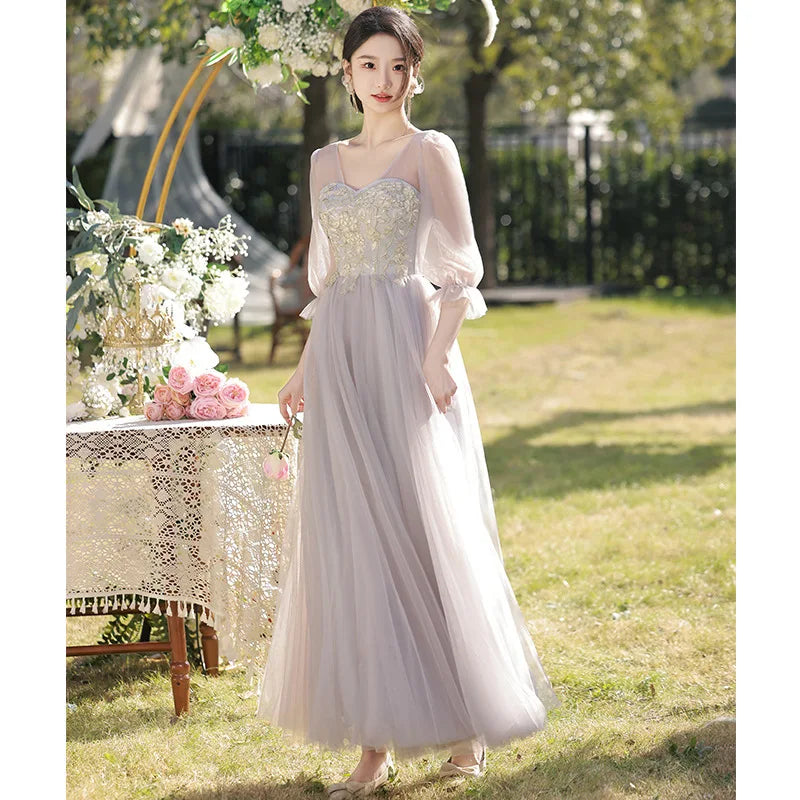 Temperament Grey Bridesmaid Dress Long Wedding Sisters Group Gown Elegant Applique Tulle Off Shoulder Banquet Party Vestido - Seprincess