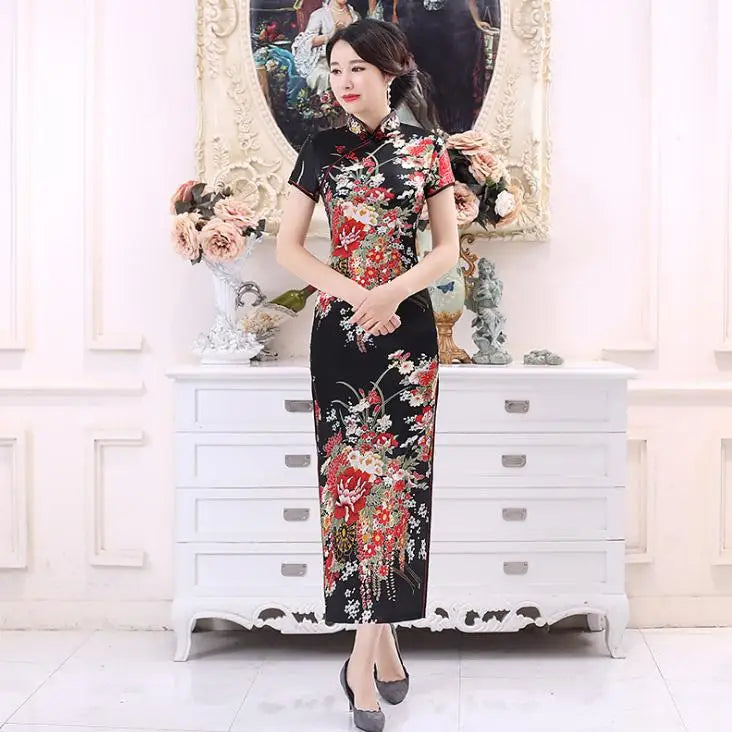 Old Shanghai Elegant Women Satin Qipao Slim 3/4 Sleeve Long Dress New Traditional Chinese Mandarin Collar Cheongsam Vestidos - Seprincess