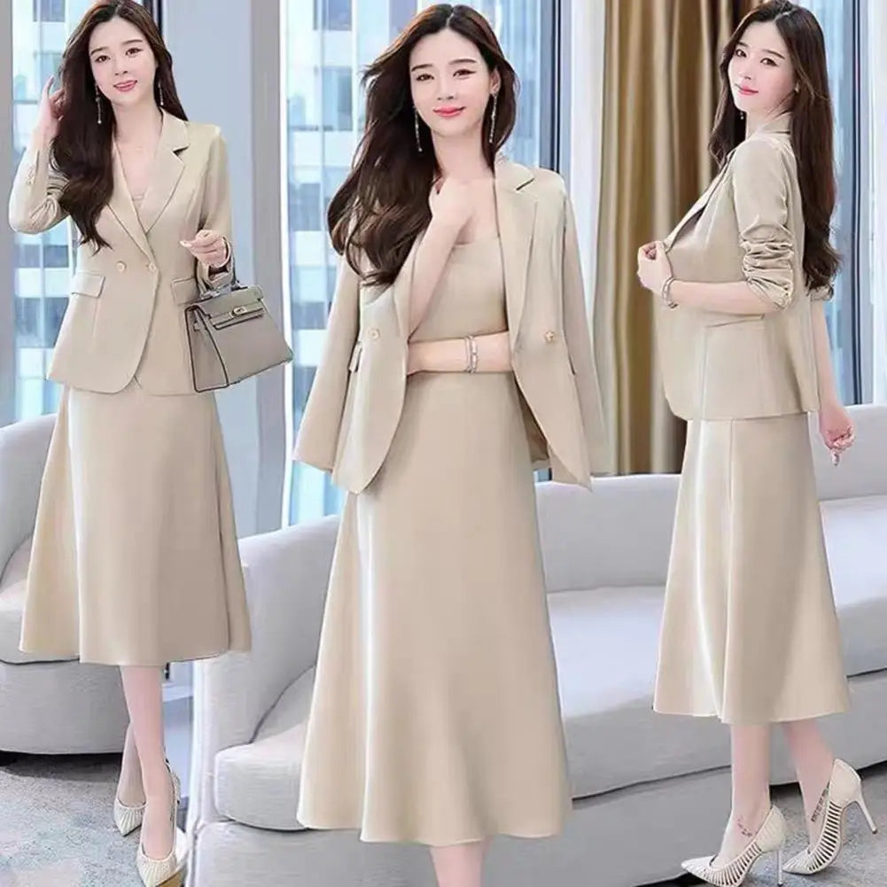 2Pcs Women Outfit Commute Trendy Office Lady Dress Coat Set Elegant Sling Style Coat Long Dress Suit Lady Business Skirt Suit - Seprincess