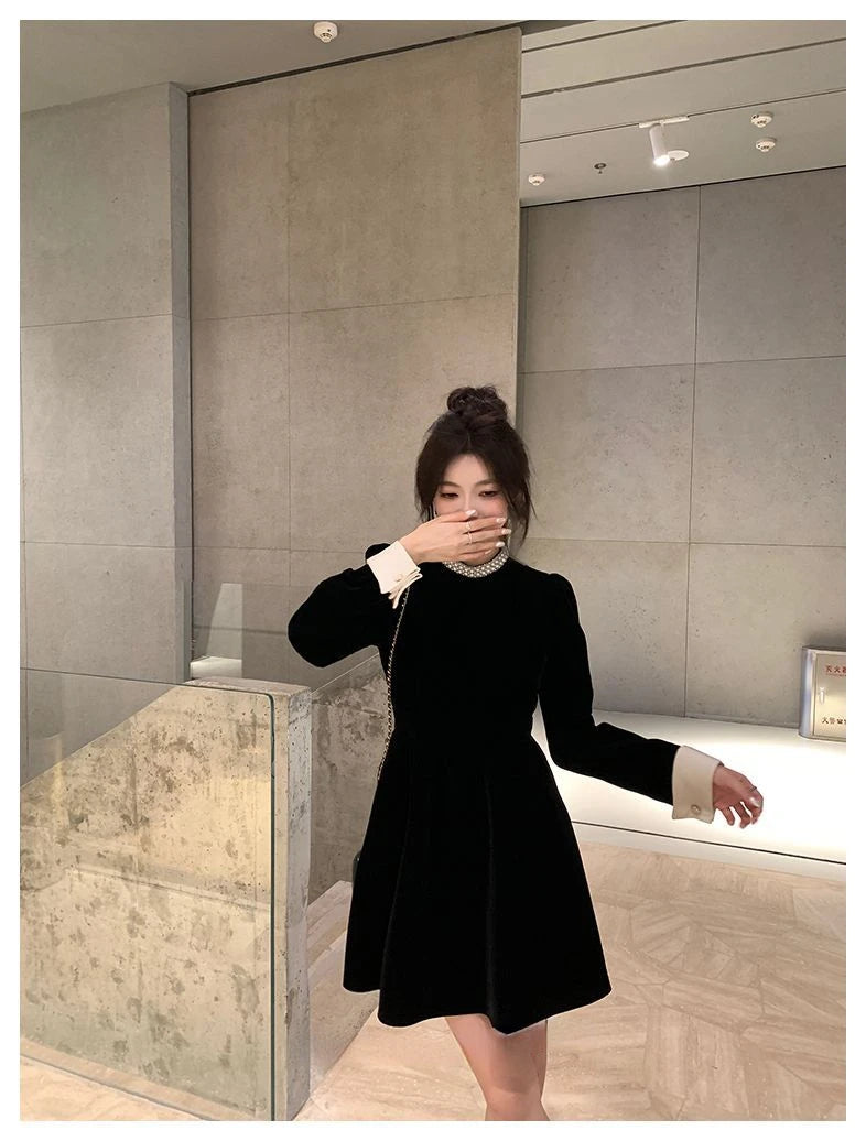 2024 Sweet Woman Party Dresses Korean Vintage Velvet Black Dress Patchwork Robe Elegant Clothes All Match Pearl Vestidos Mujer - Seprincess