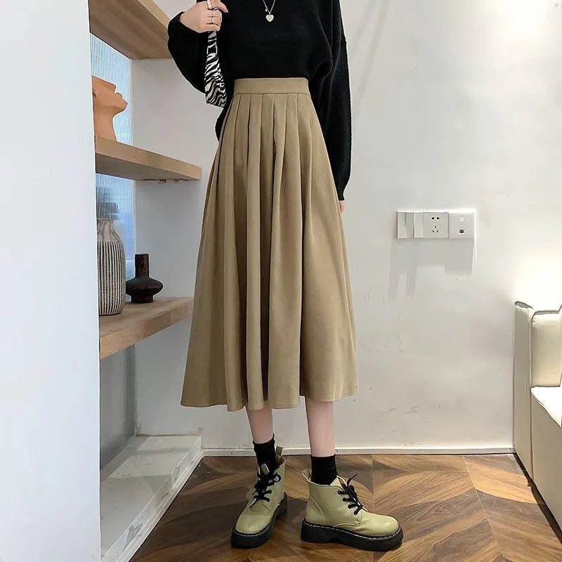 Lucyever Vintage Brown High Waist Pleated Skirt Women Korean Fashion College Style Long Skirt Ladies Autumn Casual A line Skirts - Seprincess