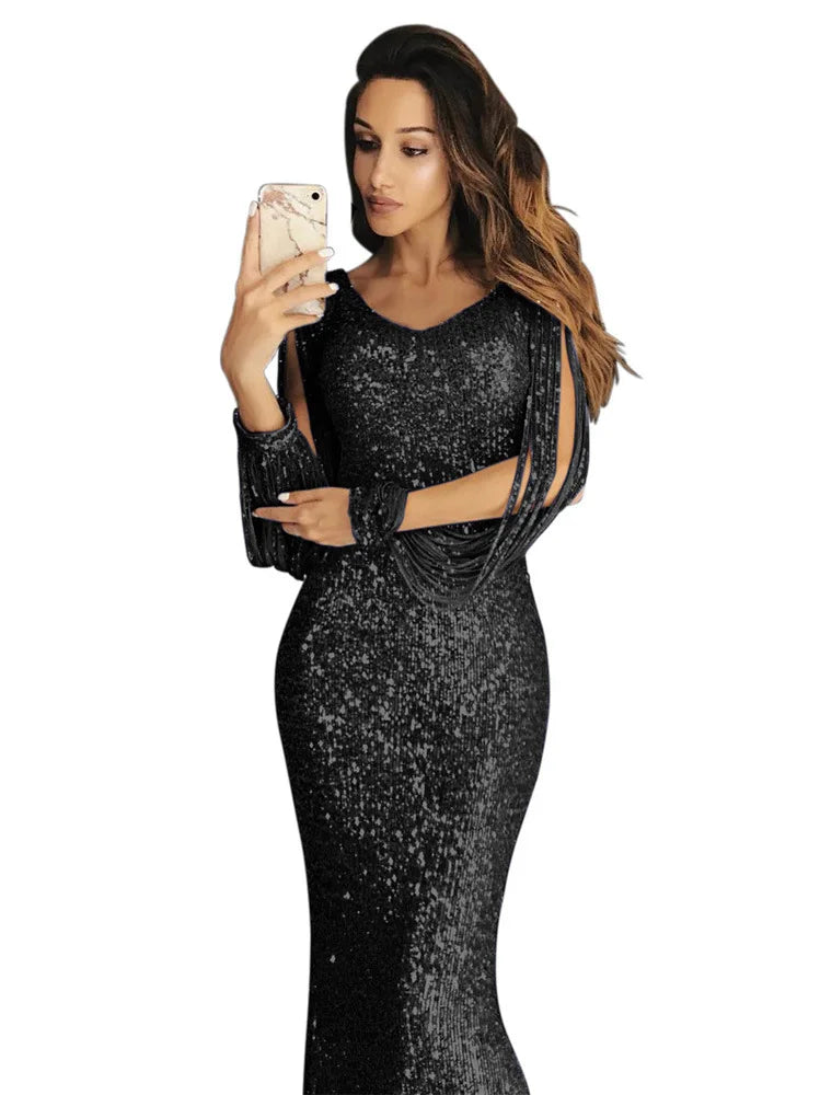 Spring 2022 Women Fashion Elegant Sequins Solid Color Maxi Wedding Evening Party Dress Female Long Tassel Sleeve Bodycon Dresses - Seprincess