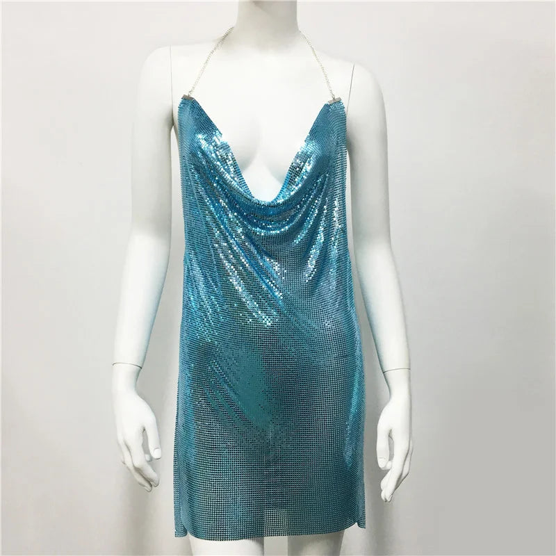 Sexy see through chain sequin summer dress women backless birthday party dress night club outfits evening dresses metal vestidos - Seprincess