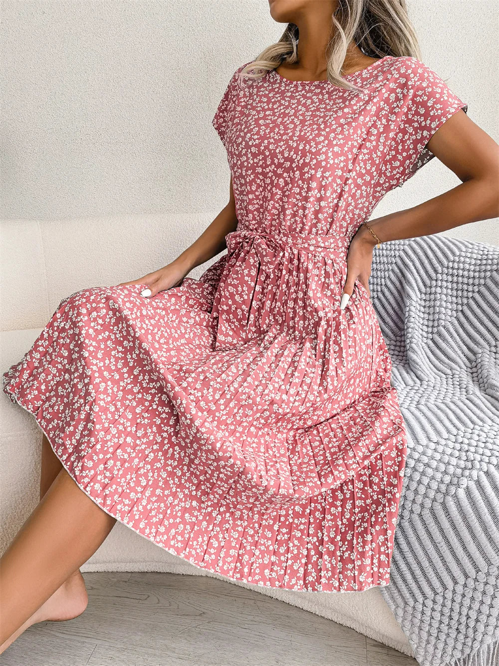 Women Spring Summer Short Sleeve High Waist Chic Dress Fashion Floral Pleated A Line Long Dress - Seprincess