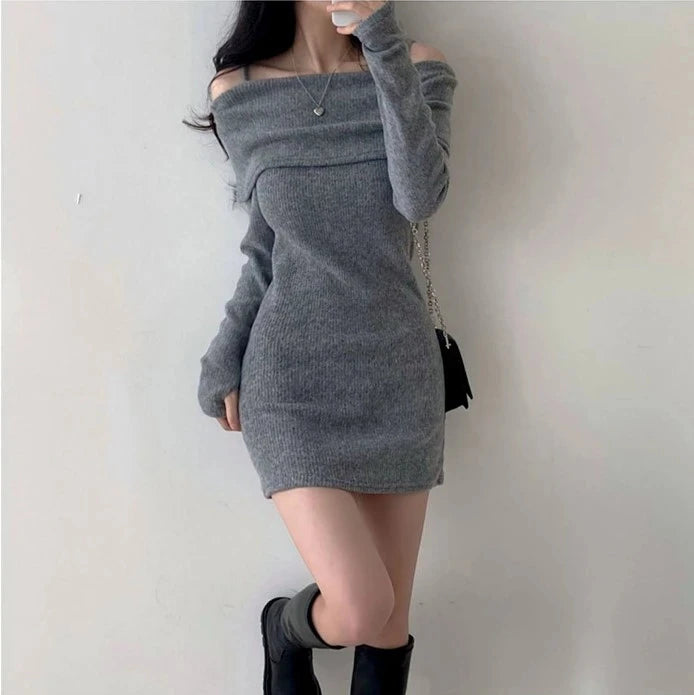 Off Shoulder Suspender Lapel Knit Dress Women Korean Sexy Slim Bottomed Mini Dresses Autumn Winter Solid Suspender Sweater Dress - Seprincess